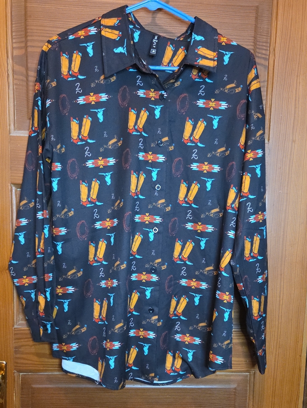 Casual Brown Button-Down Shirt with Orange & Teal Western Motif Rodeo Ready